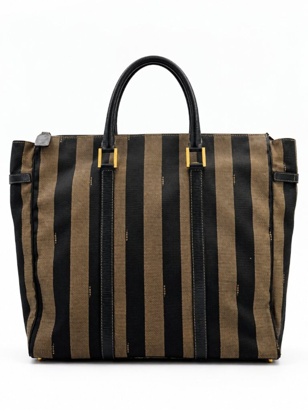 Vintage FENDI Pequin Stripe Brown Black Canvas Leather Tote Handbag